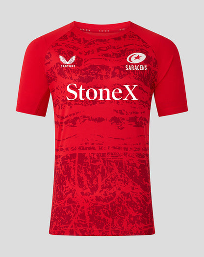 Red Saracens matchday short sleeve tee with StoneX sponsor across the chest and Castore and Saracens logos