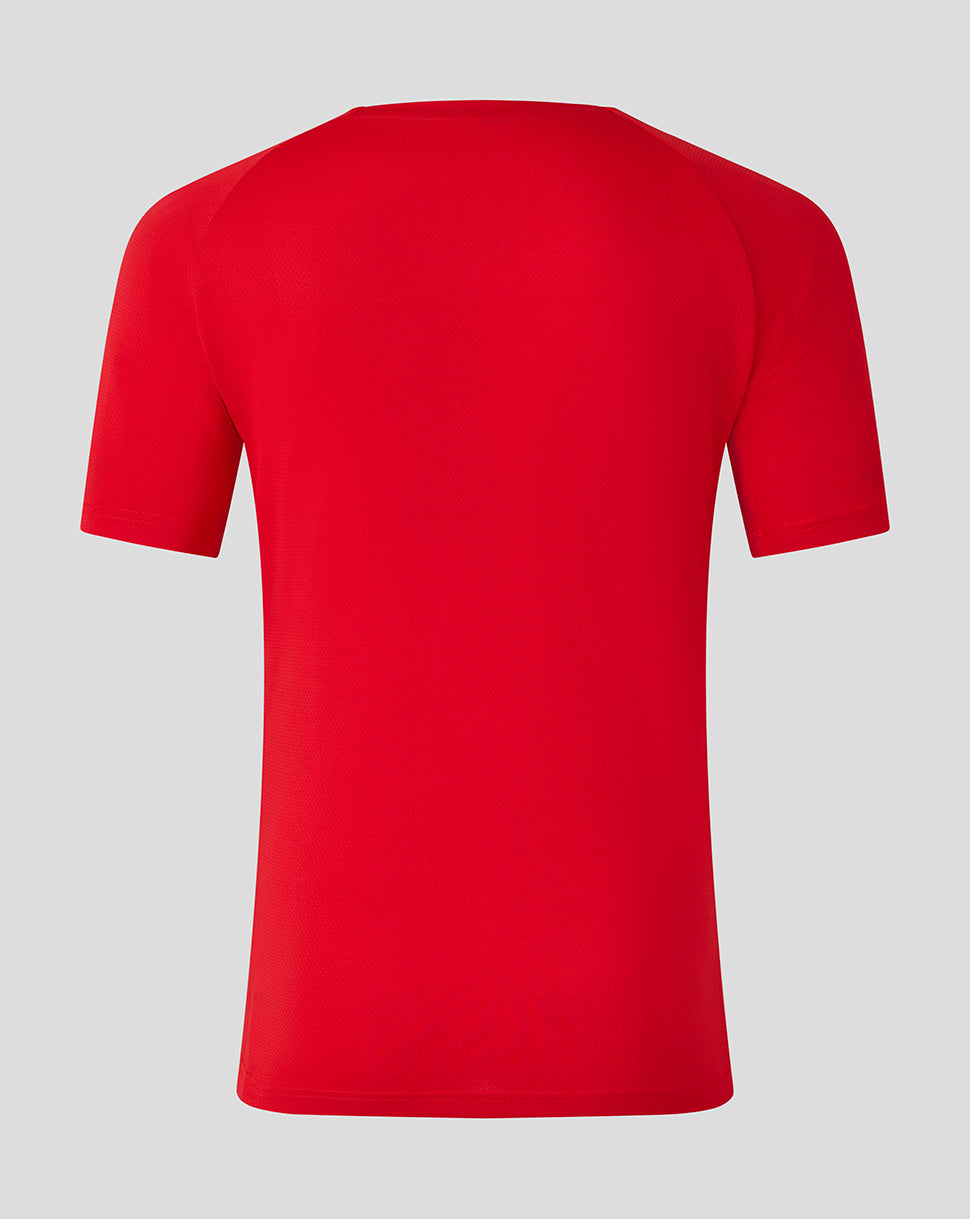 Back view of a bright red Saracens matchday short sleeve tee