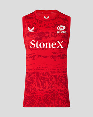 Front view of red Saracens 25/26 Pre Match Sleeveless Tee with StoneX across the chest and Castore branding.
