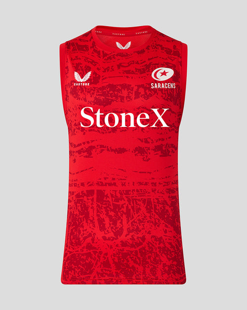 Front view of red Saracens 25/26 Pre Match Sleeveless Tee with StoneX across the chest and Castore branding.