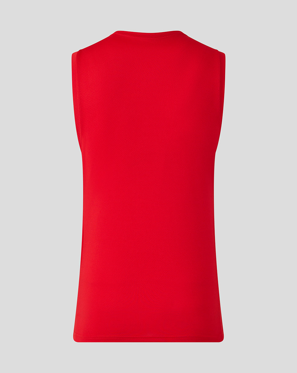 Back view of red Saracens sleeveless tee with plain body and camo side panel