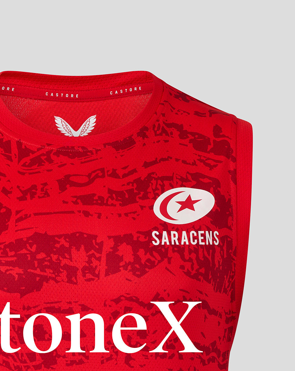 Red Saracens pre match sleeveless tee with white Saracens logo on the chest and bold ToneX text across the front