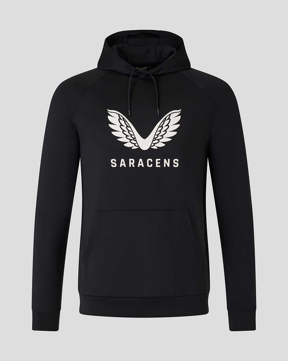 Black Saracens scuba hoodie with white wing logo on the chest and a front pocket.