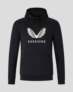 Black Saracens scuba hoodie with white wing logo on the chest and a front pocket.