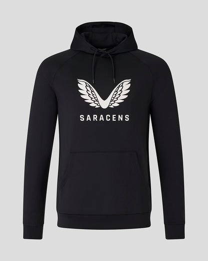 Black Saracens scuba hoodie with white wing logo on the chest and a front pocket.