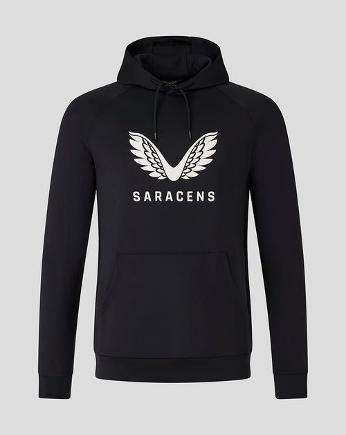 Black Saracens scuba hoodie with white wing logo on the chest and a front pocket.