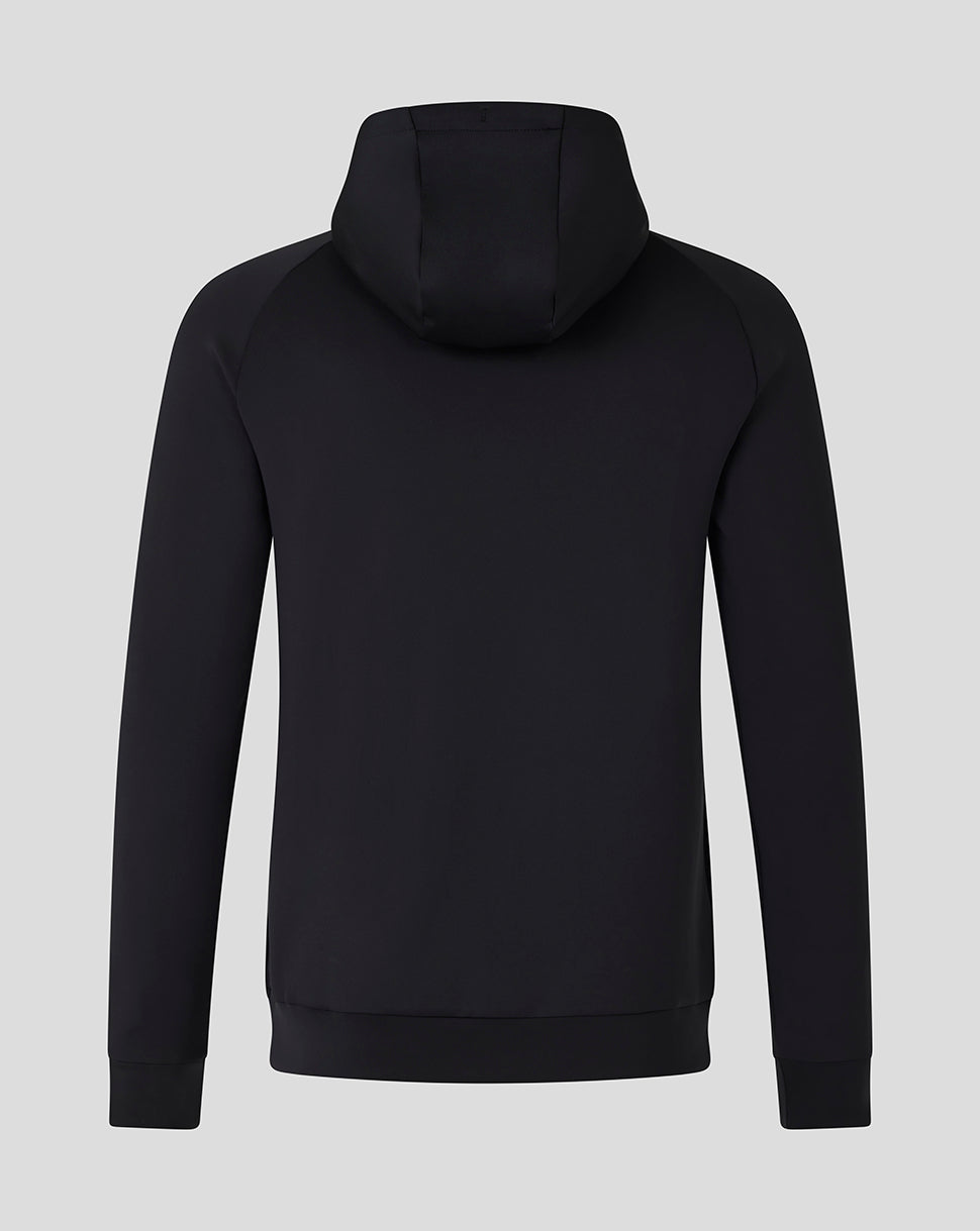 Rear view of a black Saracens scuba hoodie with a hood and clean minimalist design.
