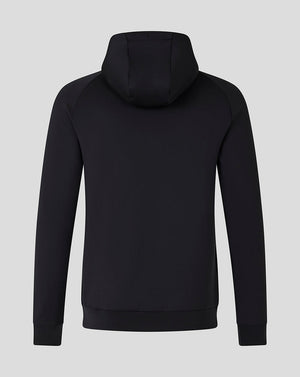 Rear view of a black Saracens scuba hoodie with a hood and clean minimalist design.