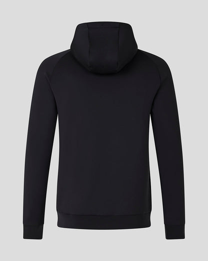 Rear view of a black Saracens scuba hoodie with a hood and clean minimalist design.