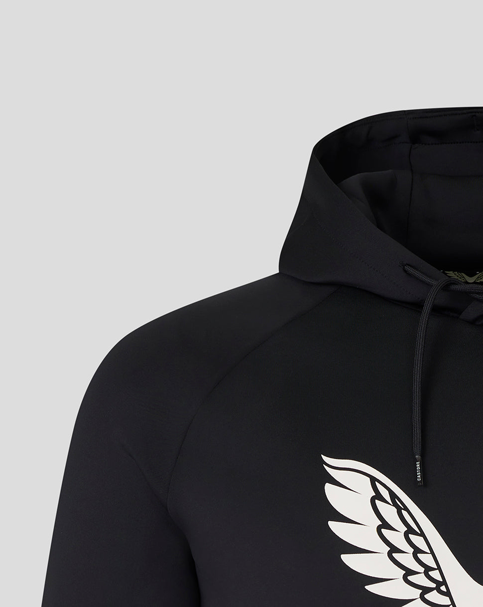 Black Saracens presentation hoodie close-up showing hood and white wing logo