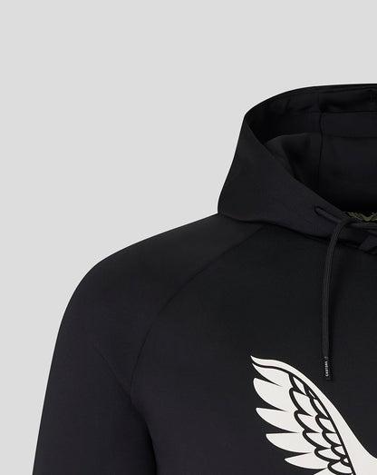 Black Saracens presentation hoodie close-up showing hood and white wing logo