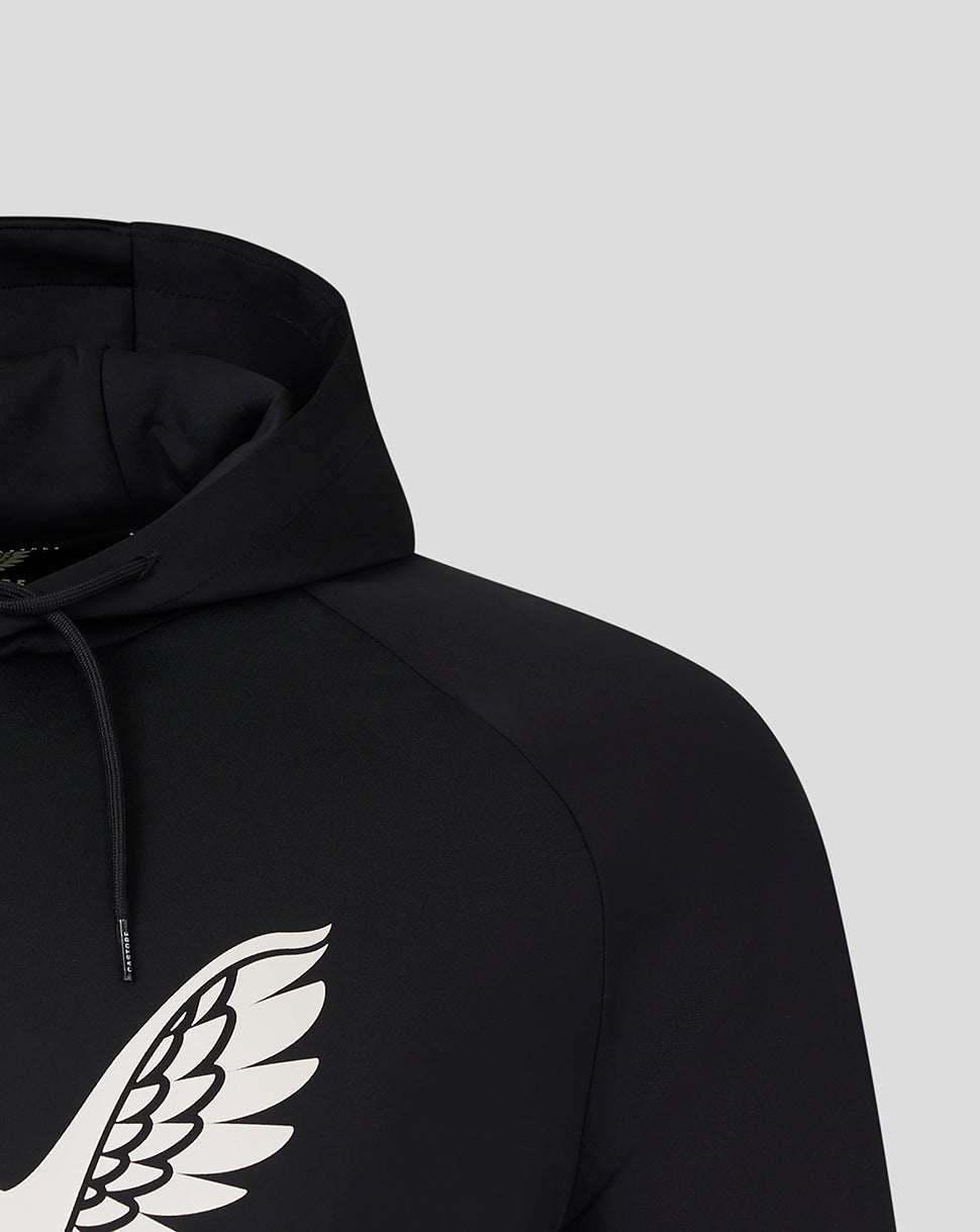 Hooded black Saracens presentation hoodie with hood up and white wing emblem