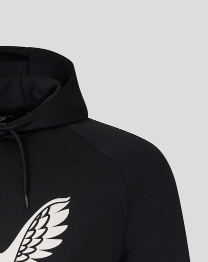 Hooded black Saracens presentation hoodie with hood up and white wing emblem