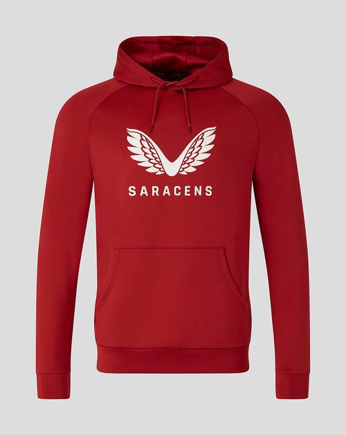 Front view of red Saracens scuba hoodie with white wing logo and SARACENS branding on the chest.