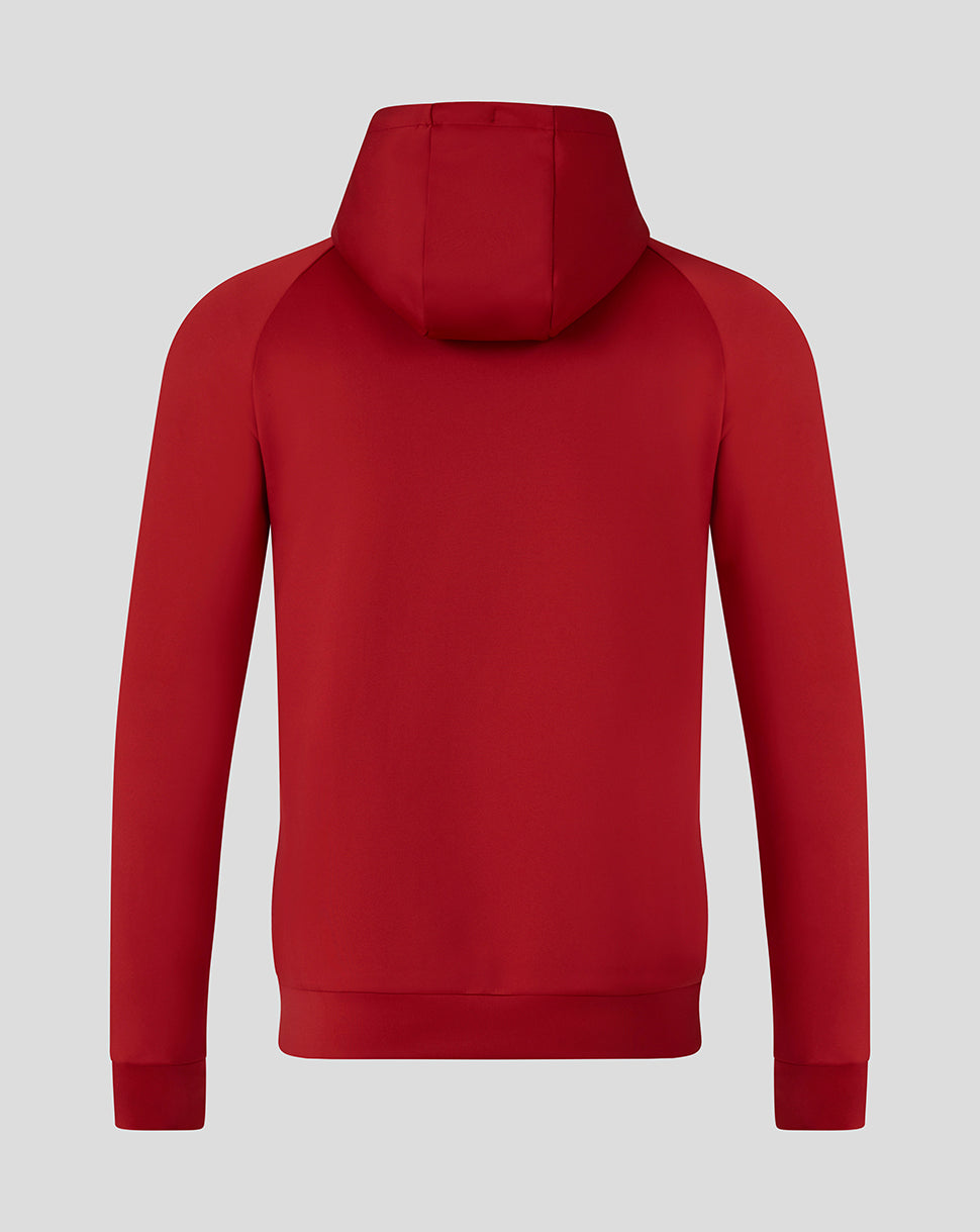 Back view of red Saracens scuba hoodie with hood up and simple, streamlined silhouette.