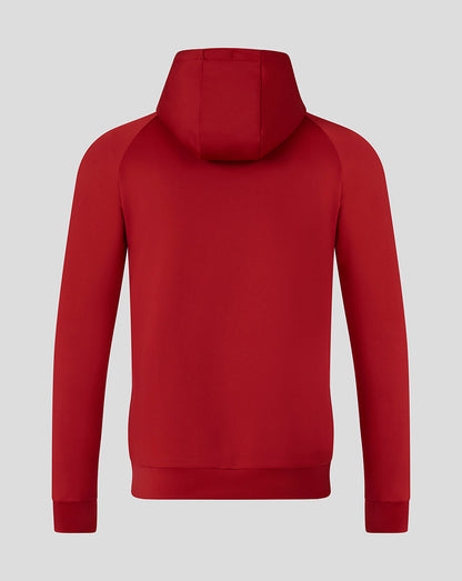 Back view of red Saracens scuba hoodie with hood up and simple, streamlined silhouette.