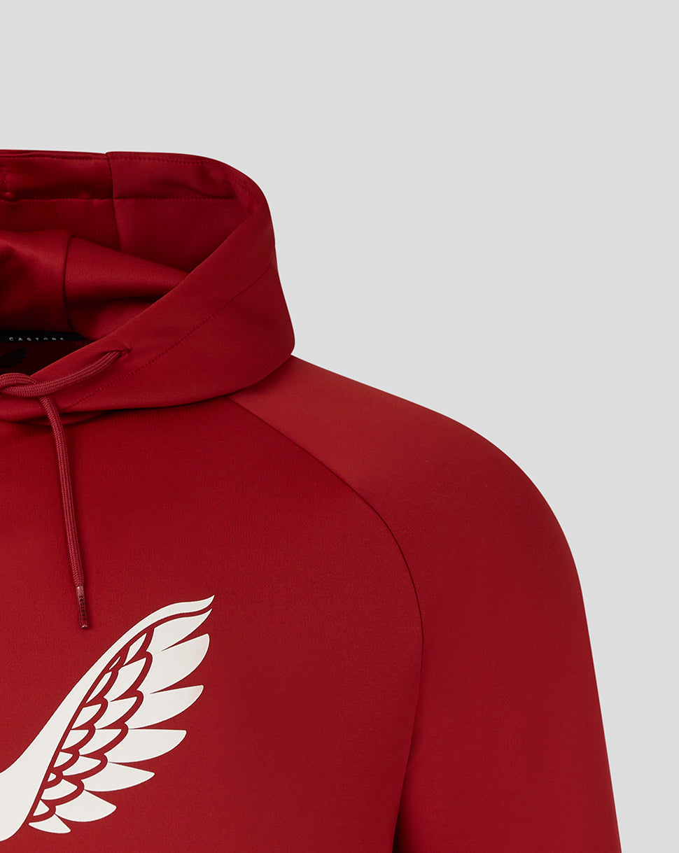 Close-up of hooded red Saracens hoodie showing hood seam and partial white wing logo.