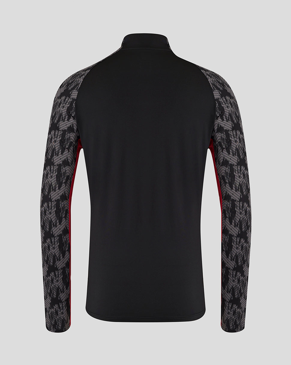 Back view of Saracens midlayer top with black body and grey patterned sleeves and red side trim