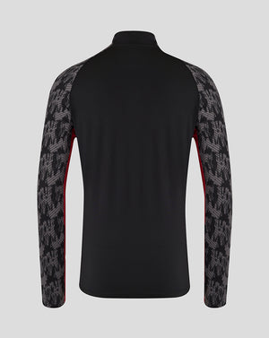 Back view of Saracens midlayer top with black body and grey patterned sleeves and red side trim
