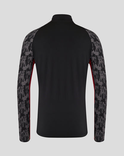 Back view of Saracens midlayer top with black body and grey patterned sleeves and red side trim