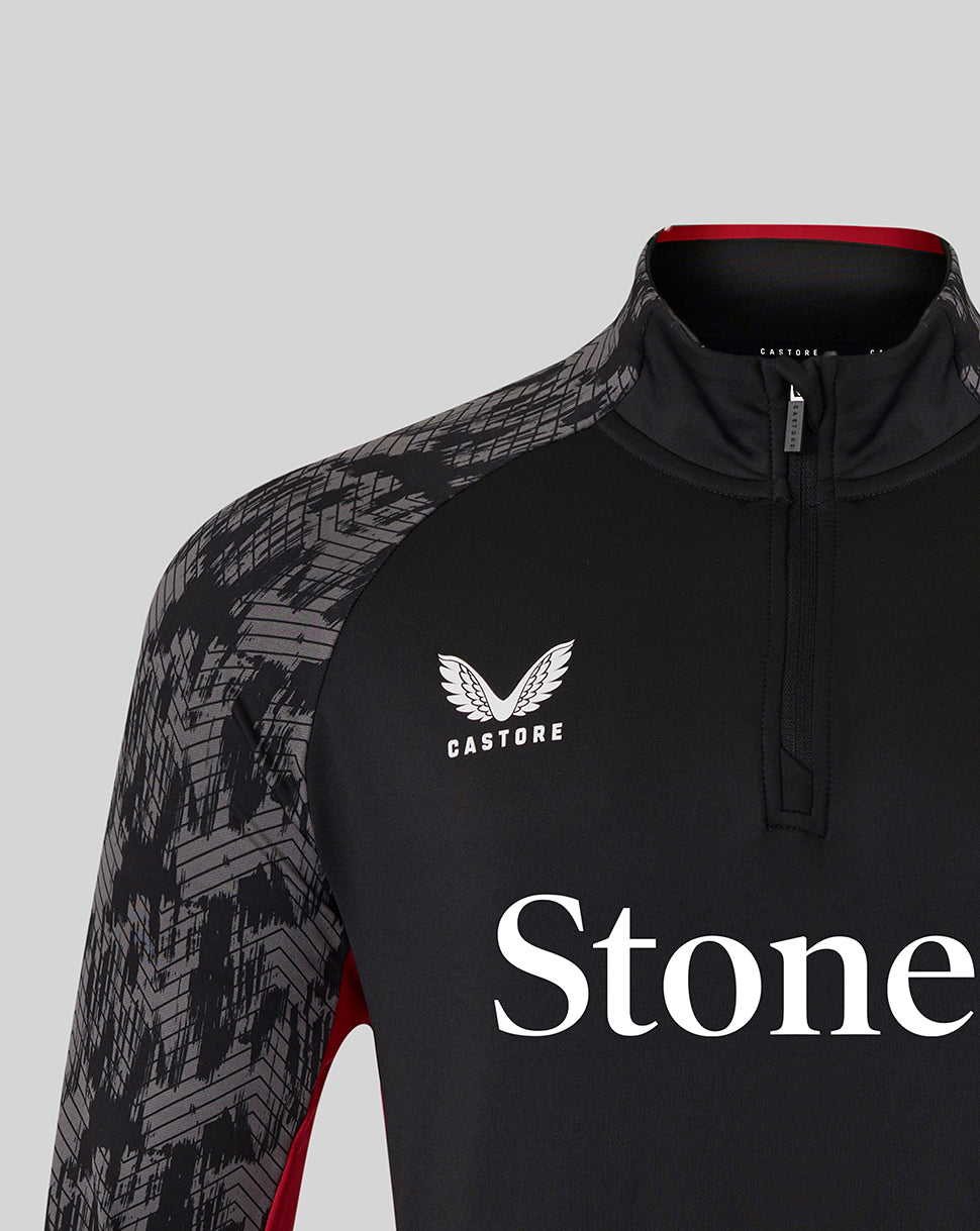 Shoulder and collar close-up of black Saracens training top with geometric sleeve print and a short zip at the neck