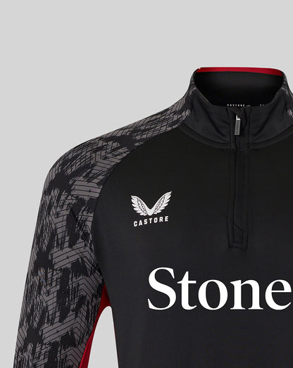 Shoulder and collar close-up of black Saracens training top with geometric sleeve print and a short zip at the neck