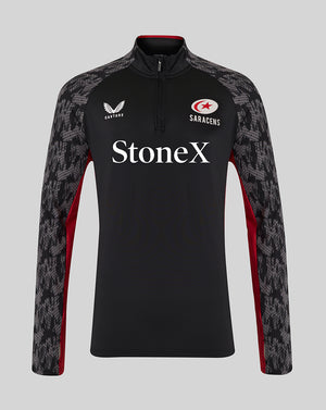 Black Saracens training top with grey patterned sleeves and large StoneX branding across the chest.
