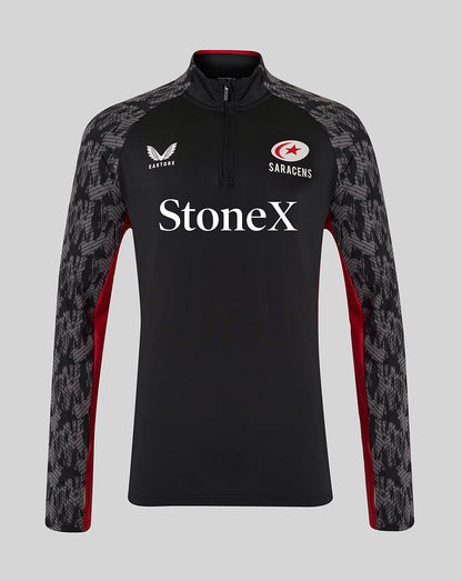 Black Saracens training top with grey patterned sleeves and large StoneX branding across the chest.