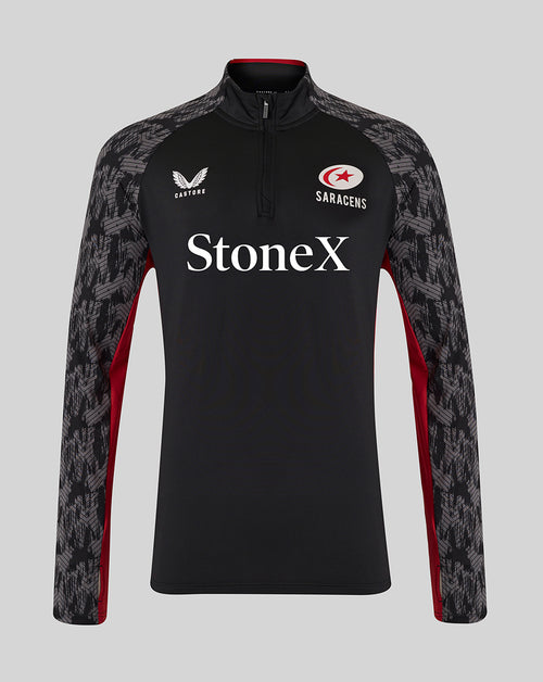 Black Saracens training top with grey patterned sleeves and large StoneX branding across the chest.