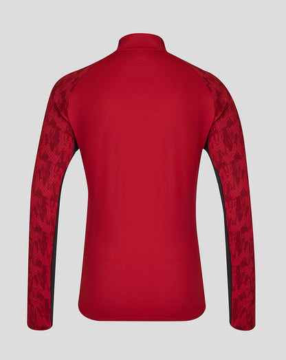 Rear view of red Saracens training top with patterned sleeves and clean back panel.