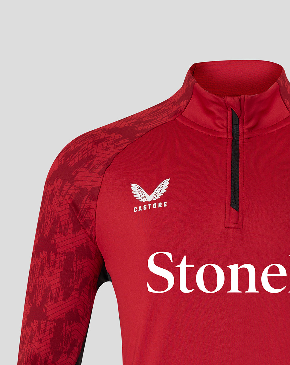 Red Saracens training top with a quarter zip, white Castore logo, and bold StoneX branding across the chest.
