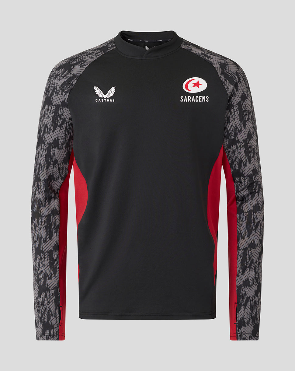 Front view of Saracens training drill top in black with grey patterned sleeves and team logos.