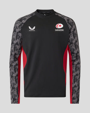 Front view of Saracens training drill top in black with grey patterned sleeves and team logos.