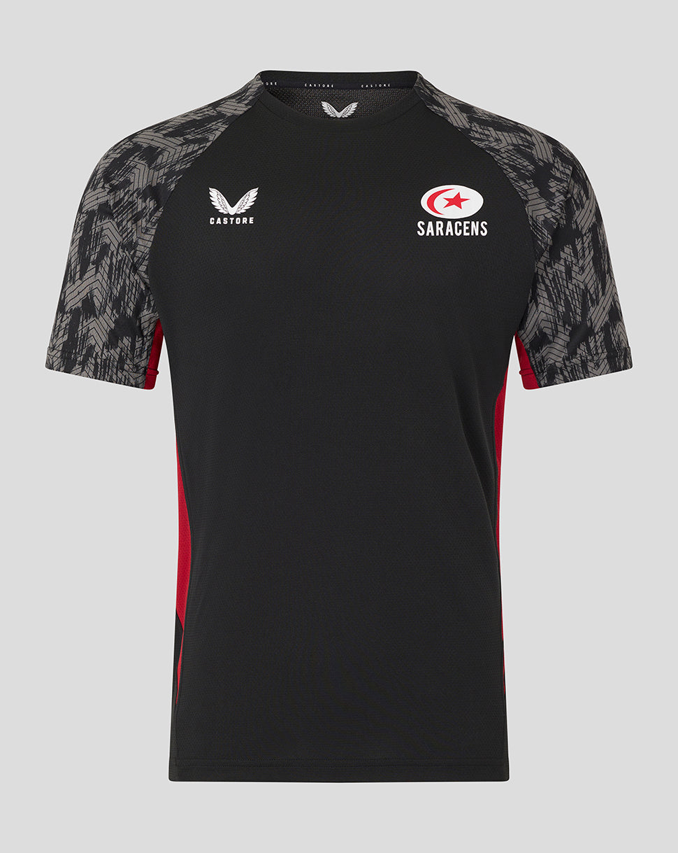 Black Saracens training short sleeve tee with grey patterned sleeves and white Castore and Saracens logos on the chest