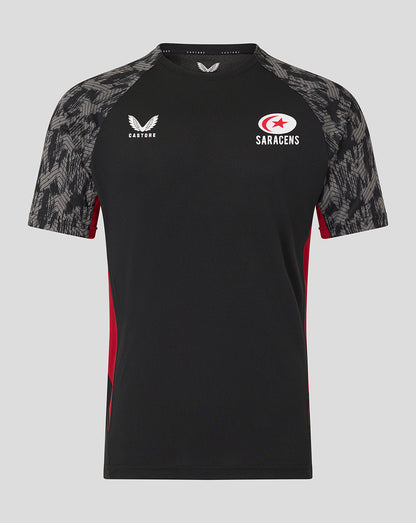 Black Saracens training short sleeve tee with grey patterned sleeves and white Castore and Saracens logos on the chest