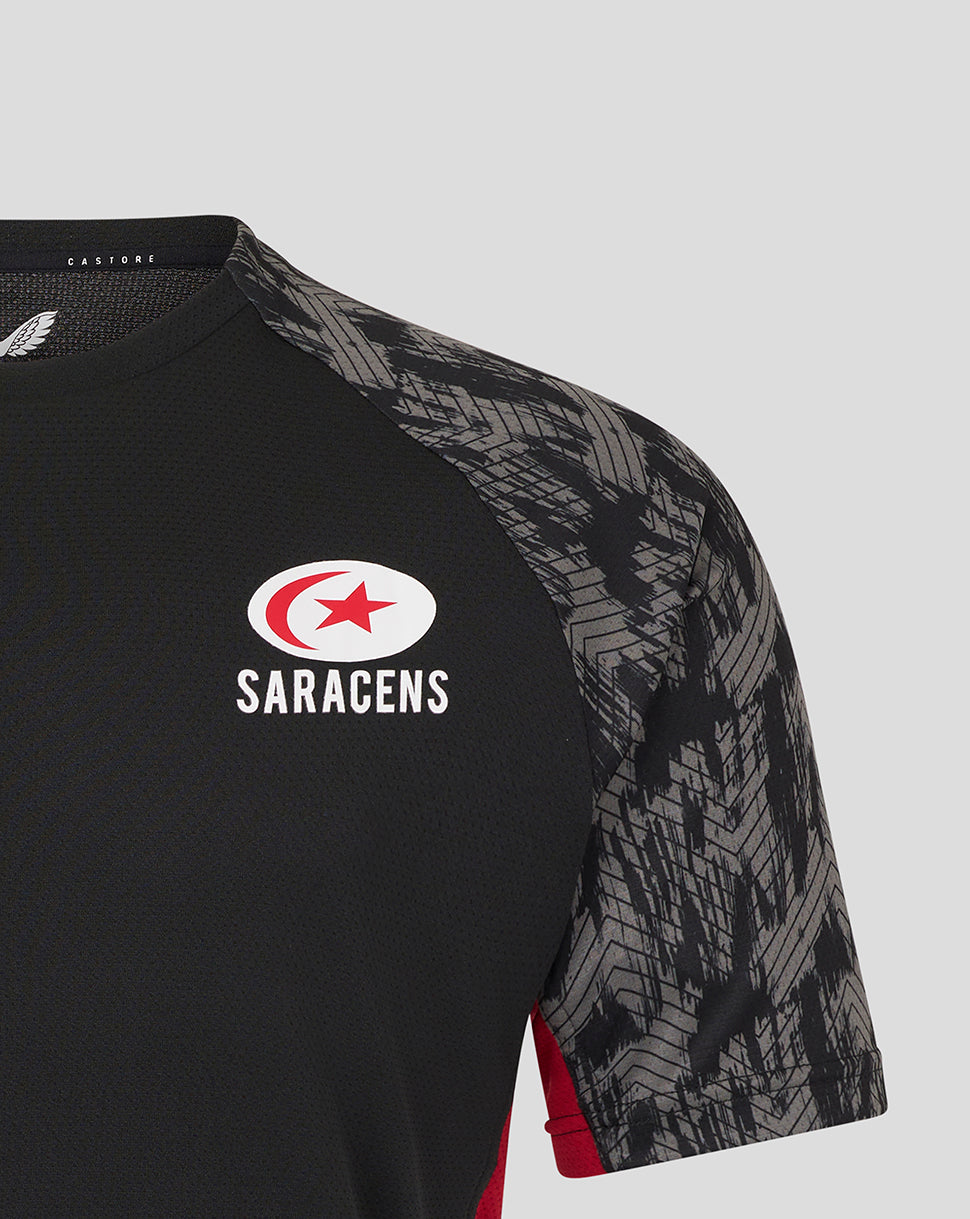 Black Saracens training tee with grey camo sleeves and chest logos visible