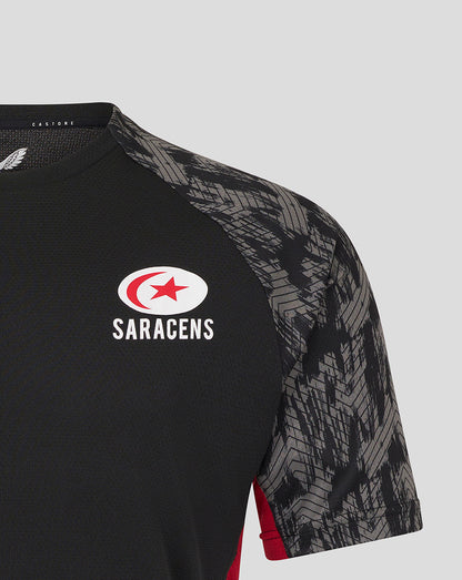 Black Saracens training tee with grey camo sleeves and chest logos visible