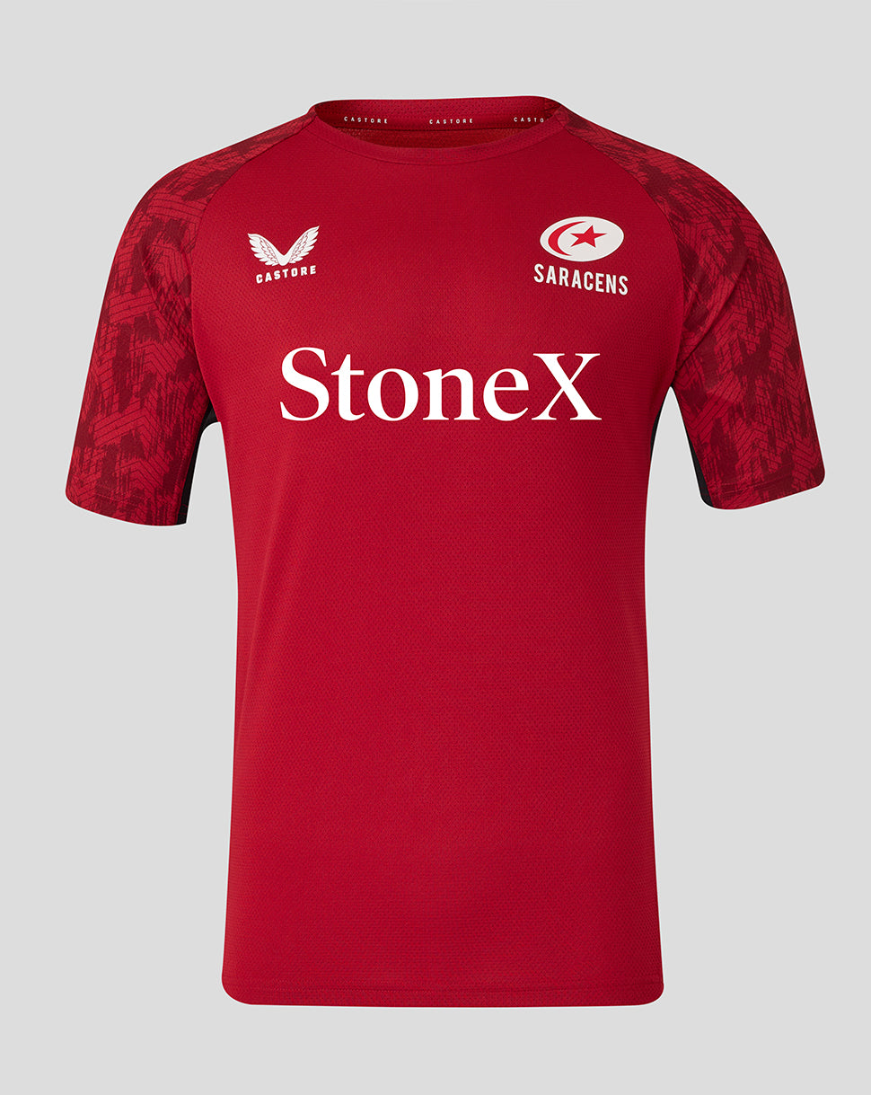 Red Saracens training short sleeve tee with Stonex sponsor logo across the chest and team crests
