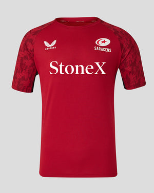 Red Saracens training short sleeve tee with Stonex sponsor logo across the chest and team crests