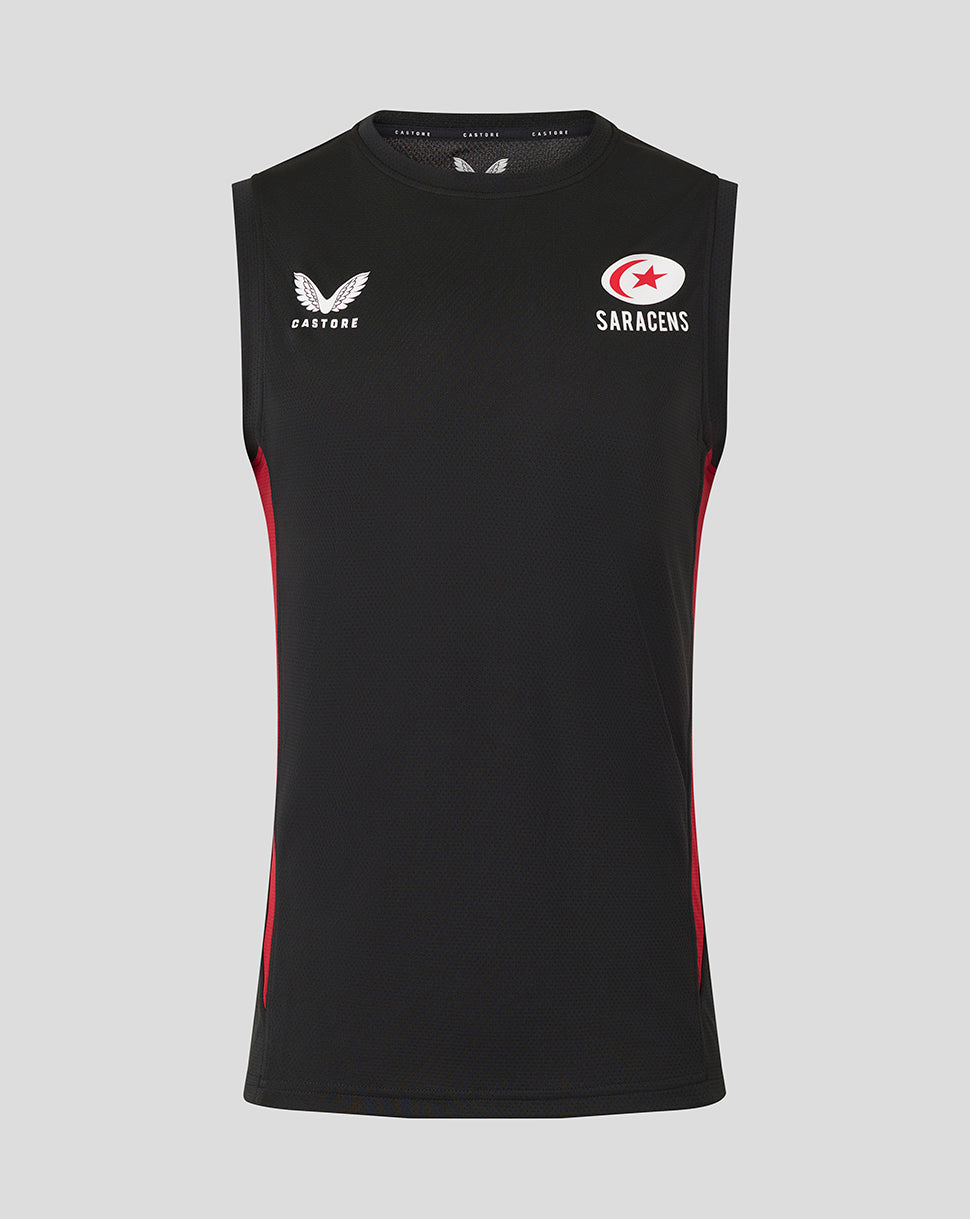 Front view of black Saracens training vest with Castore branding and club crest, red side panels.