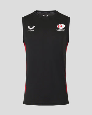 Front view of black Saracens training vest with Castore branding and club crest, red side panels.