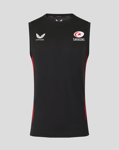 Front view of black Saracens training vest with Castore branding and club crest, red side panels.
