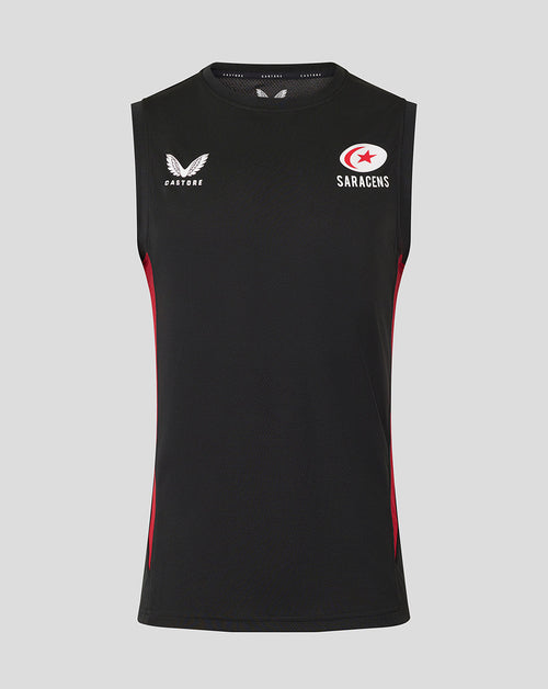 Front view of black Saracens training vest with Castore branding and club crest, red side panels.