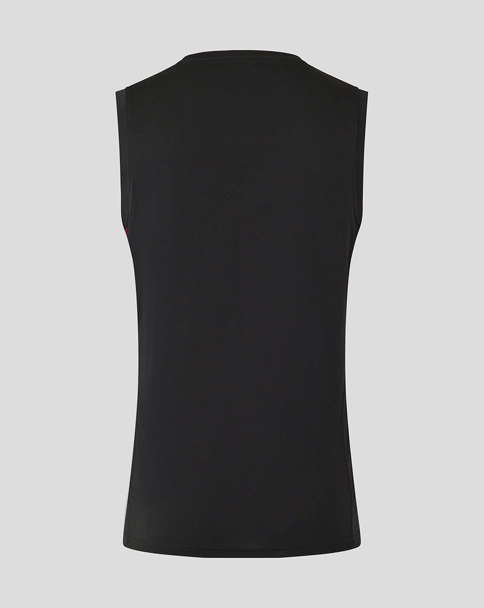 Back view of black Saracens training vest with breathable perforated fabric.