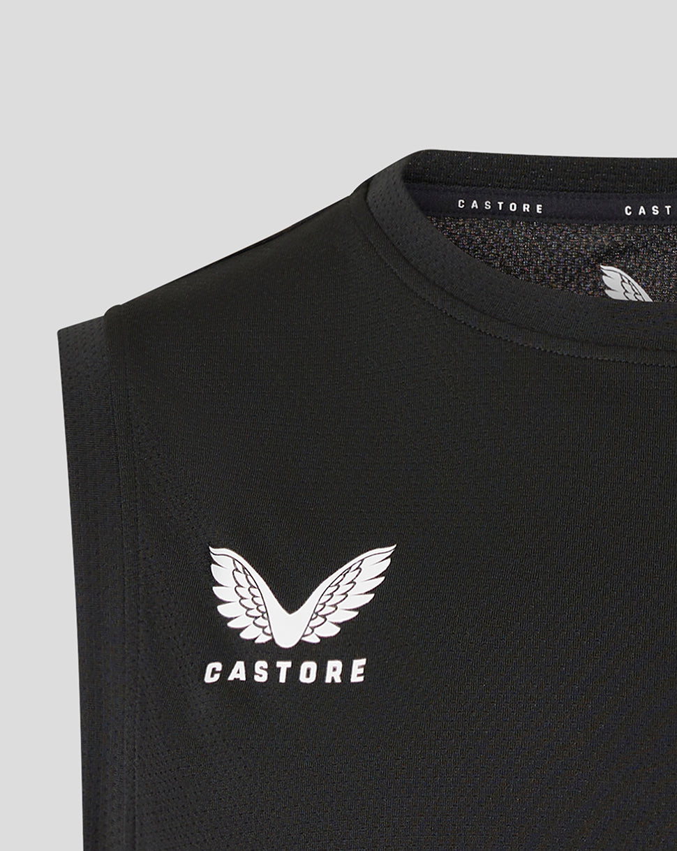 Close-up of black Saracens training vest with white Castore logo on the chest