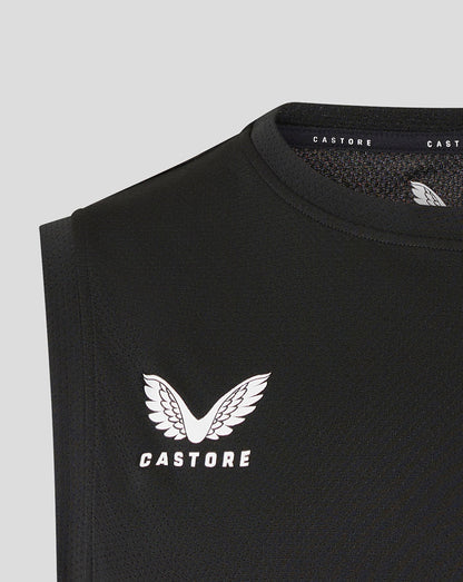 Close-up of black Saracens training vest with white Castore logo on the chest