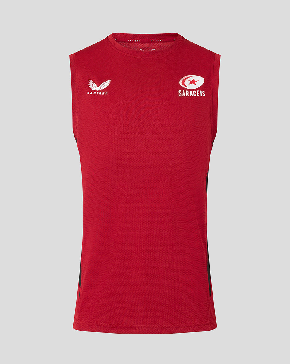 Red Saracens training vest with white club crest on the chest and Castore branding