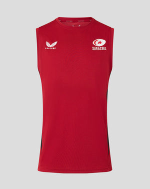 Red Saracens training vest with white club crest on the chest and Castore branding