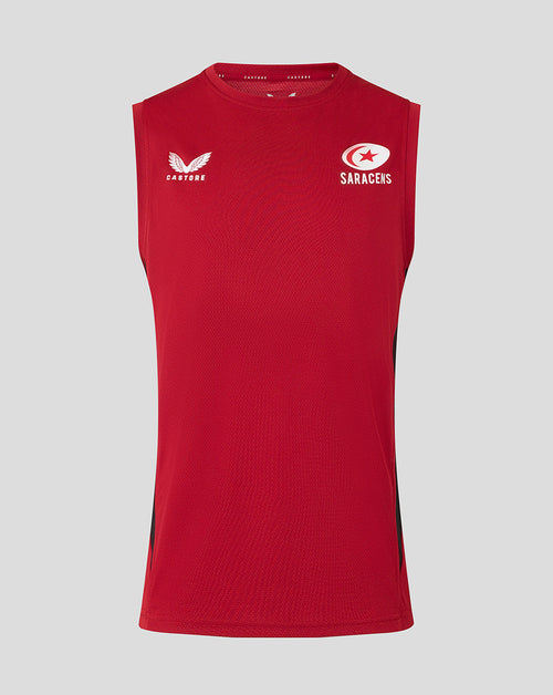 Red Saracens training vest with white club crest on the chest and Castore branding