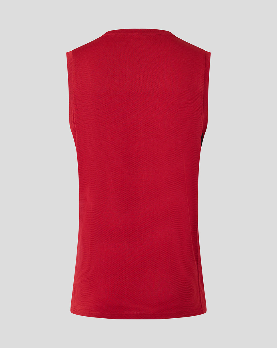 Back view of rhythmic red Saracens training vest against a light gray background